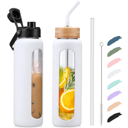 Kodrine 32oz Glass Water Bottle with Straw, Glass Drinking Bottle with 2 lids-Bamboo and Spout Lid, Leakproof Daily Water Intake Bottle with Time Marker for Home,Outdoor Sports, BPA free, White