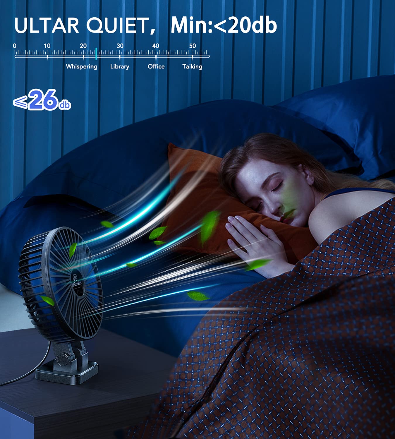 JZCreater USB Desk Fan, Mini Portable Fans, 3 Speeds Desktop Table Cooling Fan, Plug in Power, Rotation Strong Wind, Quiet Personal Small for Home Office Travel Bedroom, Black Blue