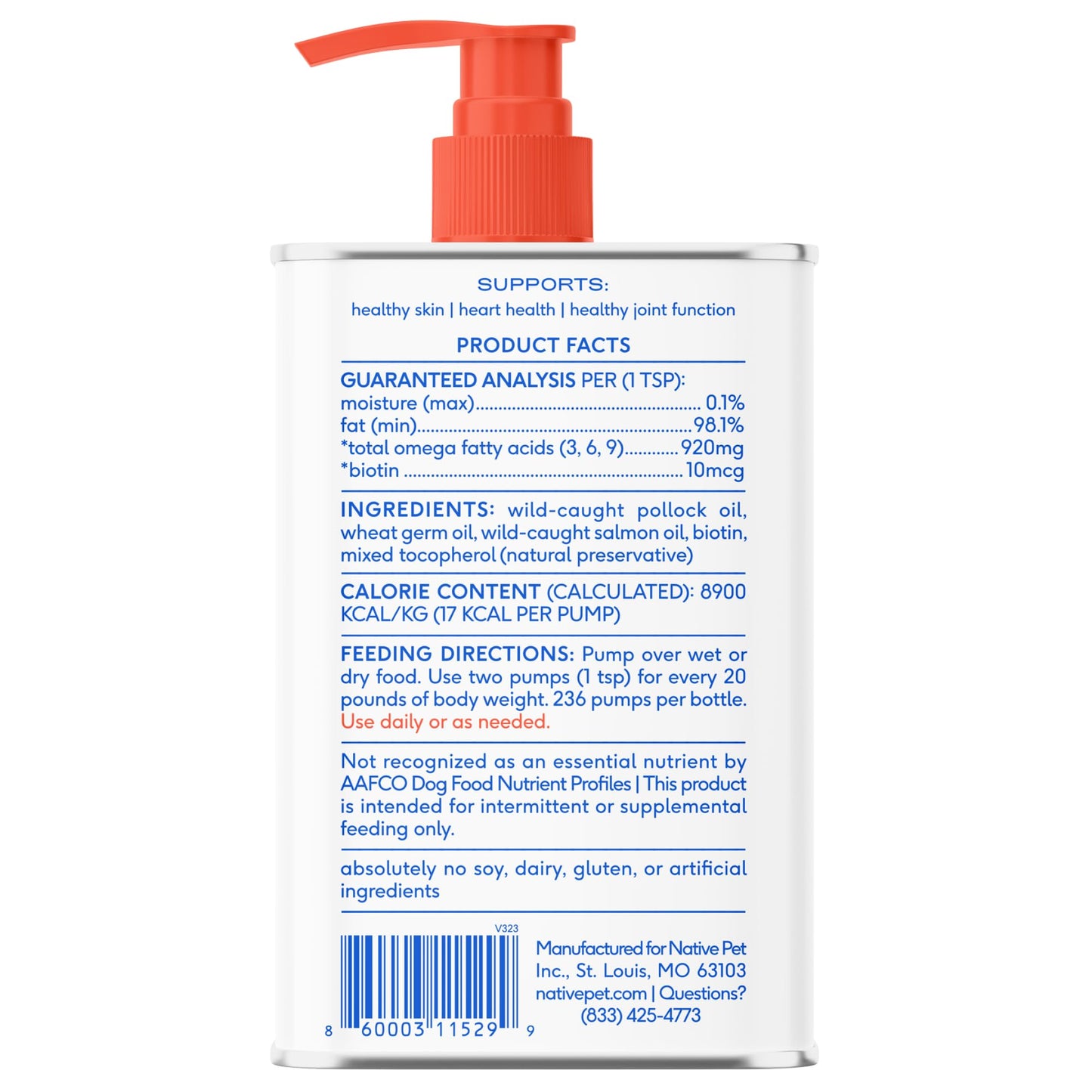 Native Pet Omega 3 Fish Oil for Dogs & Cats - Promotes Healthy Skin, Shiny Coat, & Strong Joints - Made with Wild Alaskan Salmon Oil for Dogs – Tasty, Fast-Absorbing Omega 3 6 9 Liquid Supplement-16oz