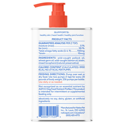 Native Pet Omega 3 Fish Oil for Dogs & Cats - Promotes Healthy Skin, Shiny Coat, & Strong Joints - Made with Wild Alaskan Salmon Oil for Dogs – Tasty, Fast-Absorbing Omega 3 6 9 Liquid Supplement-16oz