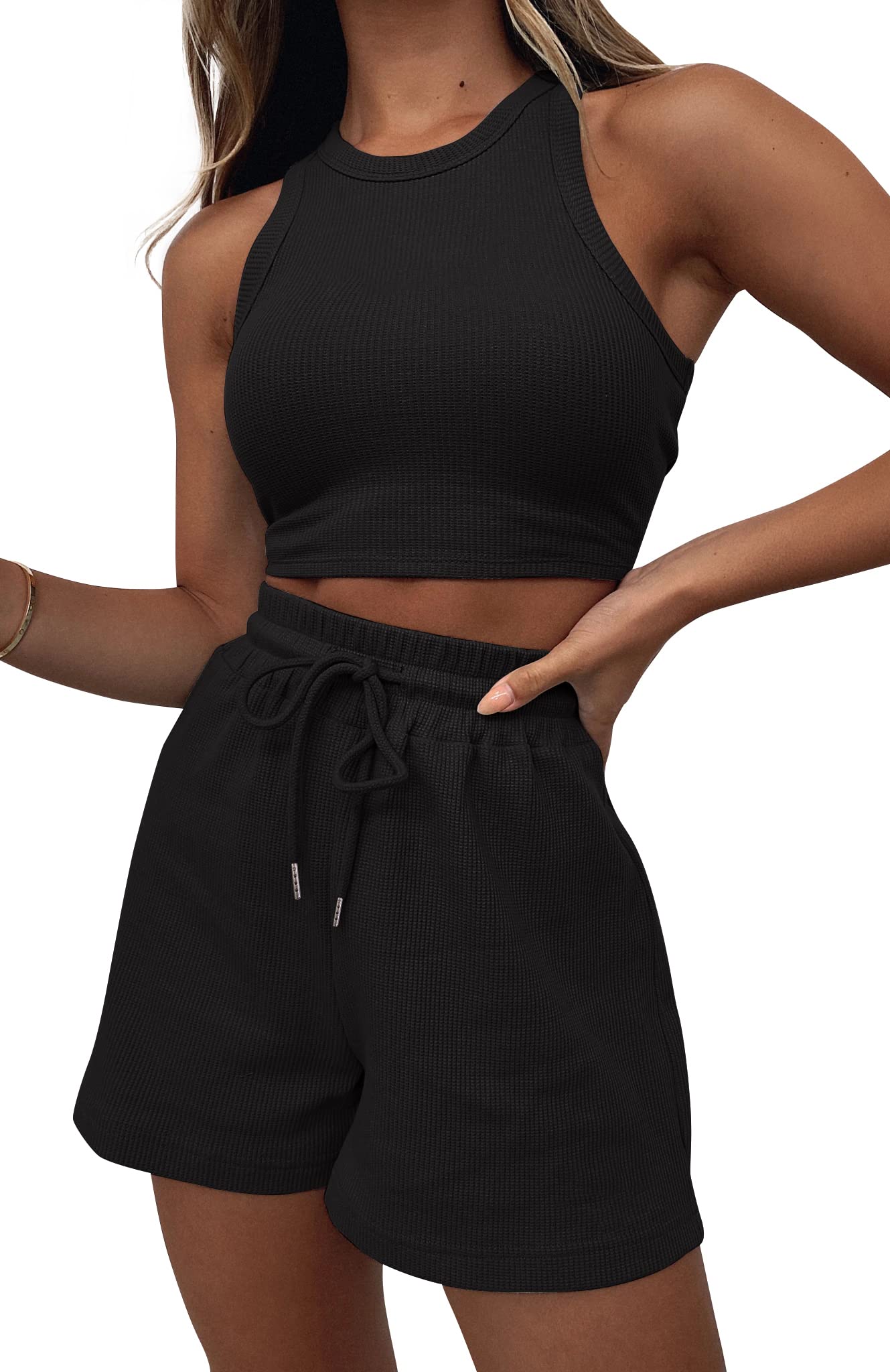Lingswallow 2 Piece Women Lounge Sets - Sleeveless Crop Top and Shorts Waffle Lounge Set Tracksuits Sweatsuits for Women