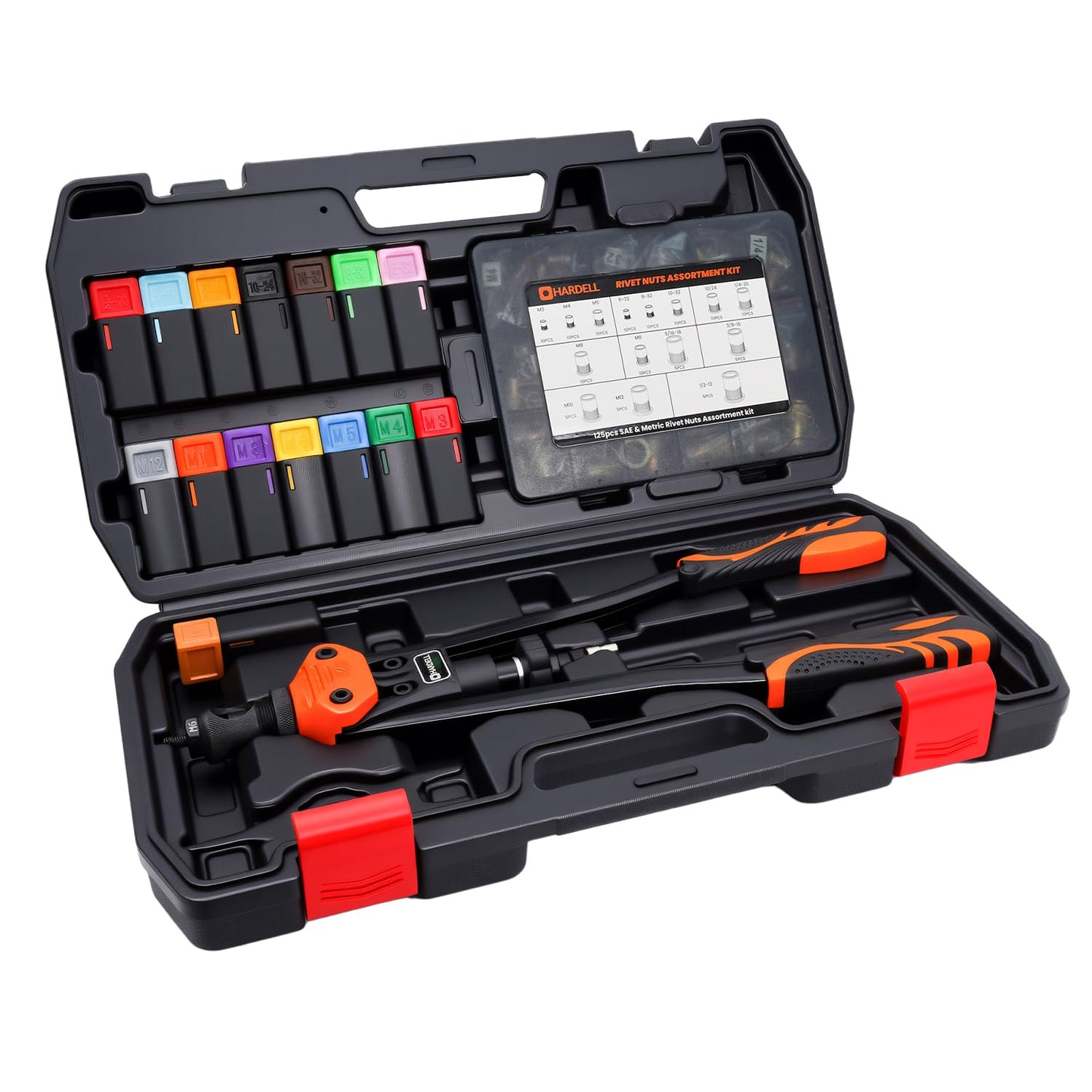 HARDELL Rivet Nut Tool Kit, 16-Inch Release Rivnut Tool with 15 Metric & SAE Mandrels, 125Pcs Nutsert Assortment & Rugged Carrying Case