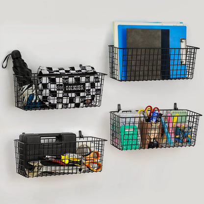 4 Set [EXTRA LARGE] Hanging Wall Mount Storage Baskets with Adhesive Hooks & Steel Hooks, Multiuse Sturdy Wire Metal Organizing Baskets for Home Kitchen Bathroom Pantry Utility Organizer, Black