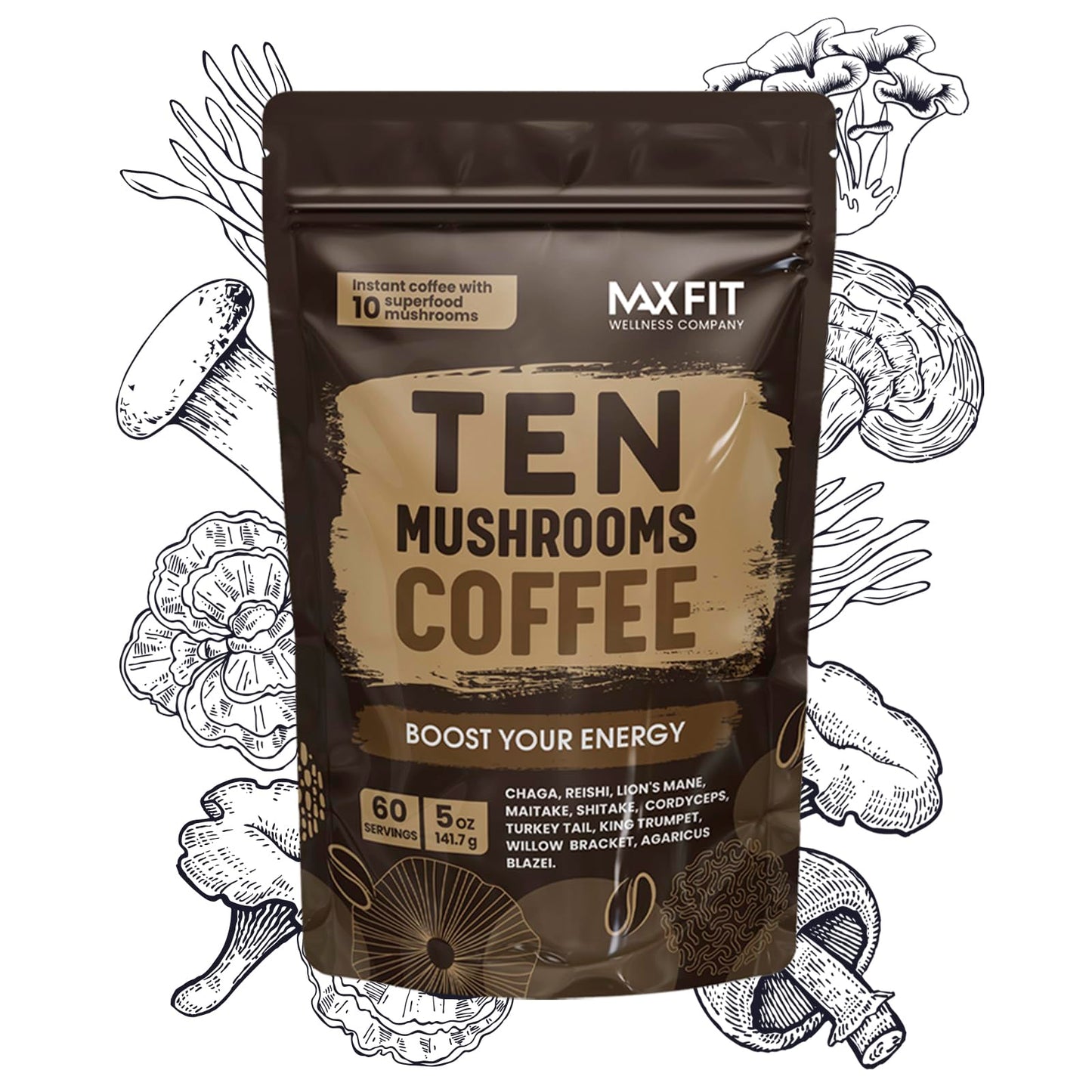 Mushroom Coffee (60 Servings) 10 Mushrooms (Lion’s Mane, Cordyceps, Turkey Tail & Other) Mixed With Gourmet Arabica Instant Immune Boosting Coffee for Focus & Gut Health Support