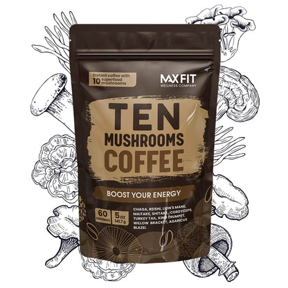Mushroom Coffee (60 Servings) 10 Mushrooms (Lion’s Mane, Cordyceps, Turkey Tail & Other) Mixed With Gourmet Arabica Instant Immune Boosting Coffee for Focus & Gut Health Support