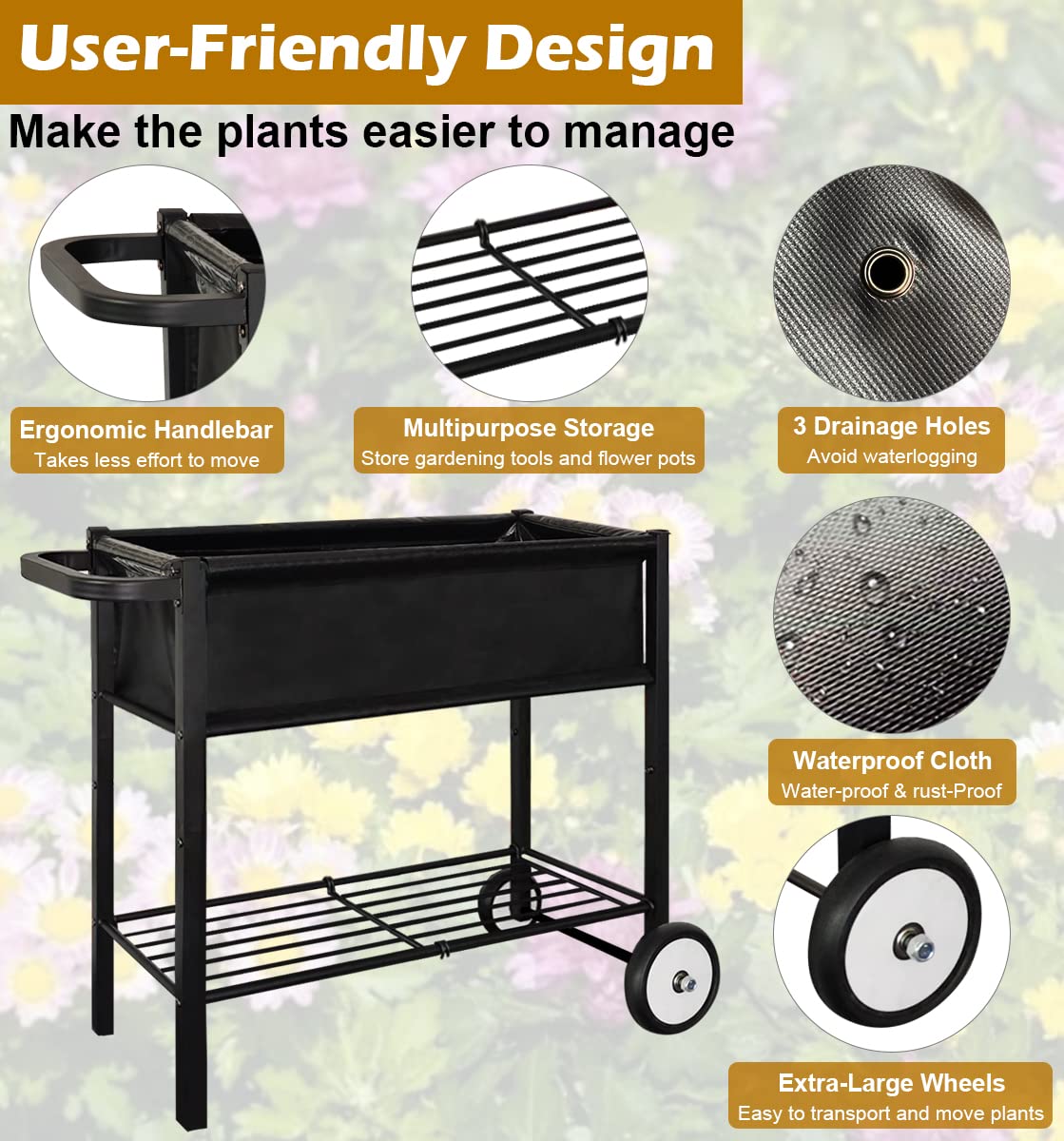 Koutemie Outdoor Raised Planter Bed Box with Legs for Gardening, Elevated DIY Garden Cart on Wheels for Vegetables Flower Tomato Herb Plant, Black