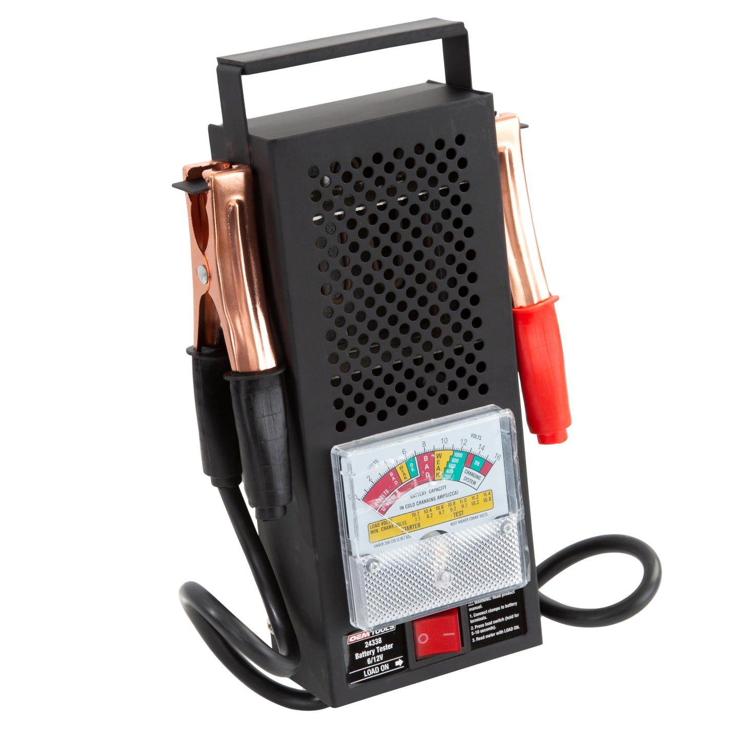OEMTOOLS 24338 Battery Load Tester, Battery Tester 12V Automotive, Easy-to-Read Car Battery Tester, Heavy Duty Clamps, Shock Resistant Meter, Housed in Sturdy Steel Case