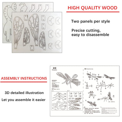 3D Wooden Insect Puzzle - 6 Piece Set Insect Animal Skeleton Assembly Model Puzzle - DIY Wooden Crafts 3D Puzzle - STEM Toys Gifts for Kids and Adults Teens Boys Girls