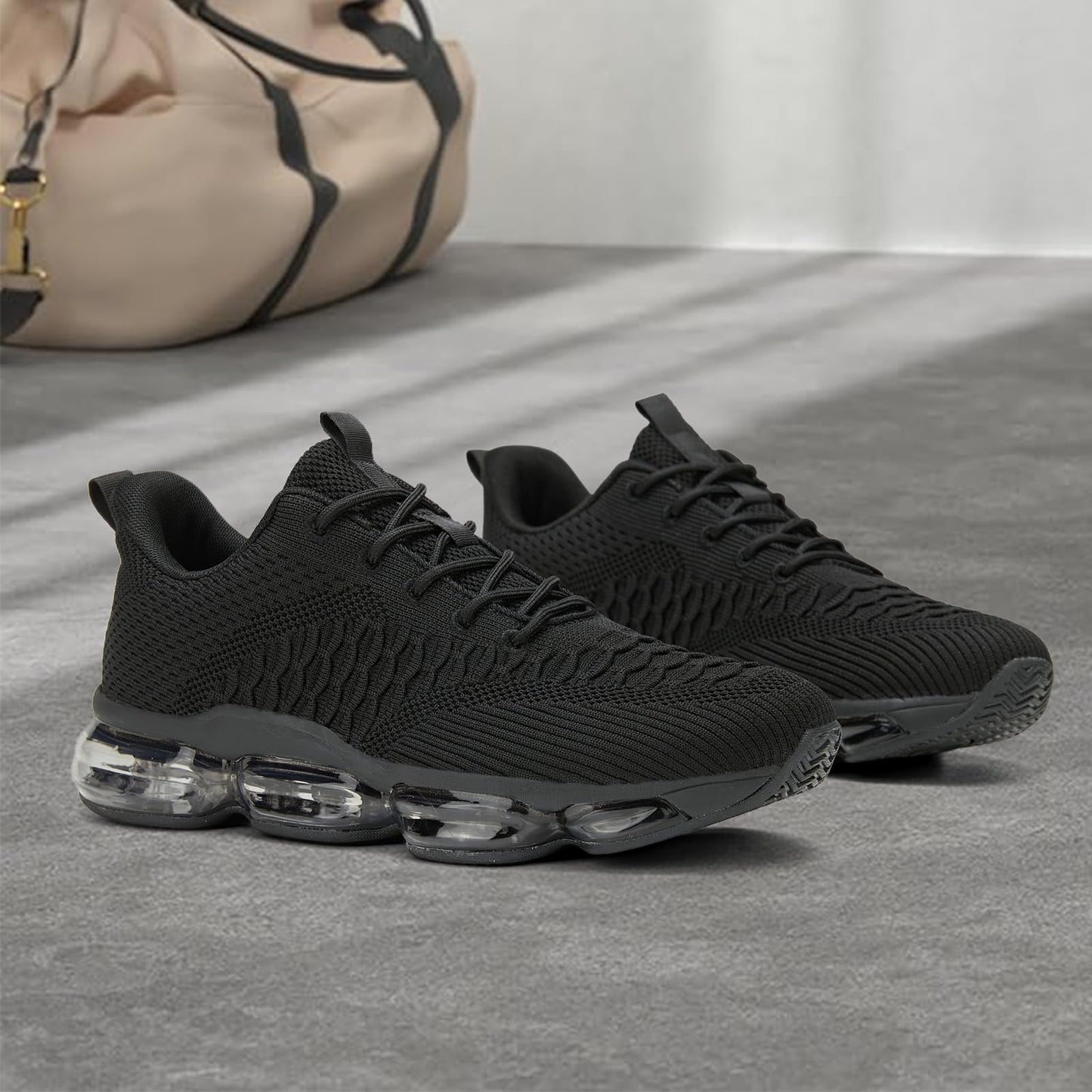 Men's Air Cushion Running Shoes Breathable Tennis Fashion Sneakers Non Slip Workout Casual Sport Shoes Gym Training Comfortable Walking Shoes All Black