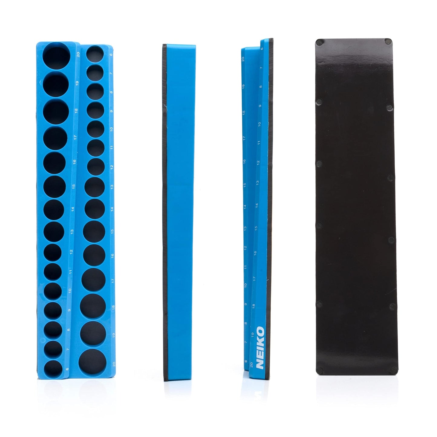 NEIKO 03971A Magnetic Socket Holder | 3/8” Drive | 6mm-20mm | Holds Shallow & Deep Sockets Tray | Metric Socket Organizer | 30 Hole Tool Box Storage | Scratch Free Mounting | High Visibility