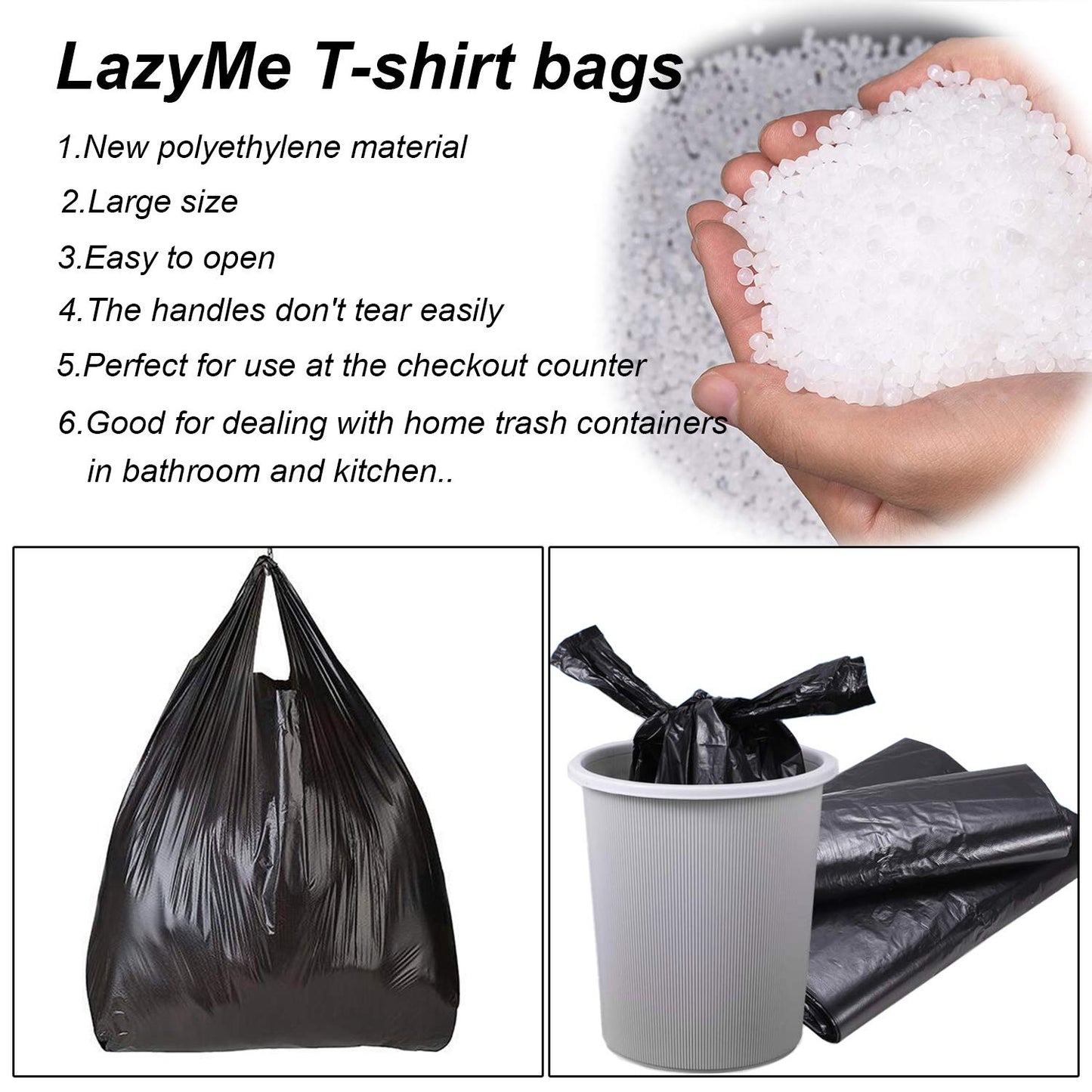 LazyMe T Shirt Bags, Black Plastic Bags with Handles for Grocery and Retail, Bolsas De Plastico Para Negocio, 12x20inch (100pcs)
