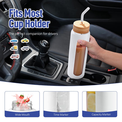 Kodrine 32oz Glass Water Bottle with Straw, Glass Drinking Bottle with 2 lids-Bamboo and Spout Lid, Leakproof Daily Water Intake Bottle with Time Marker for Home,Outdoor Sports, BPA free, White