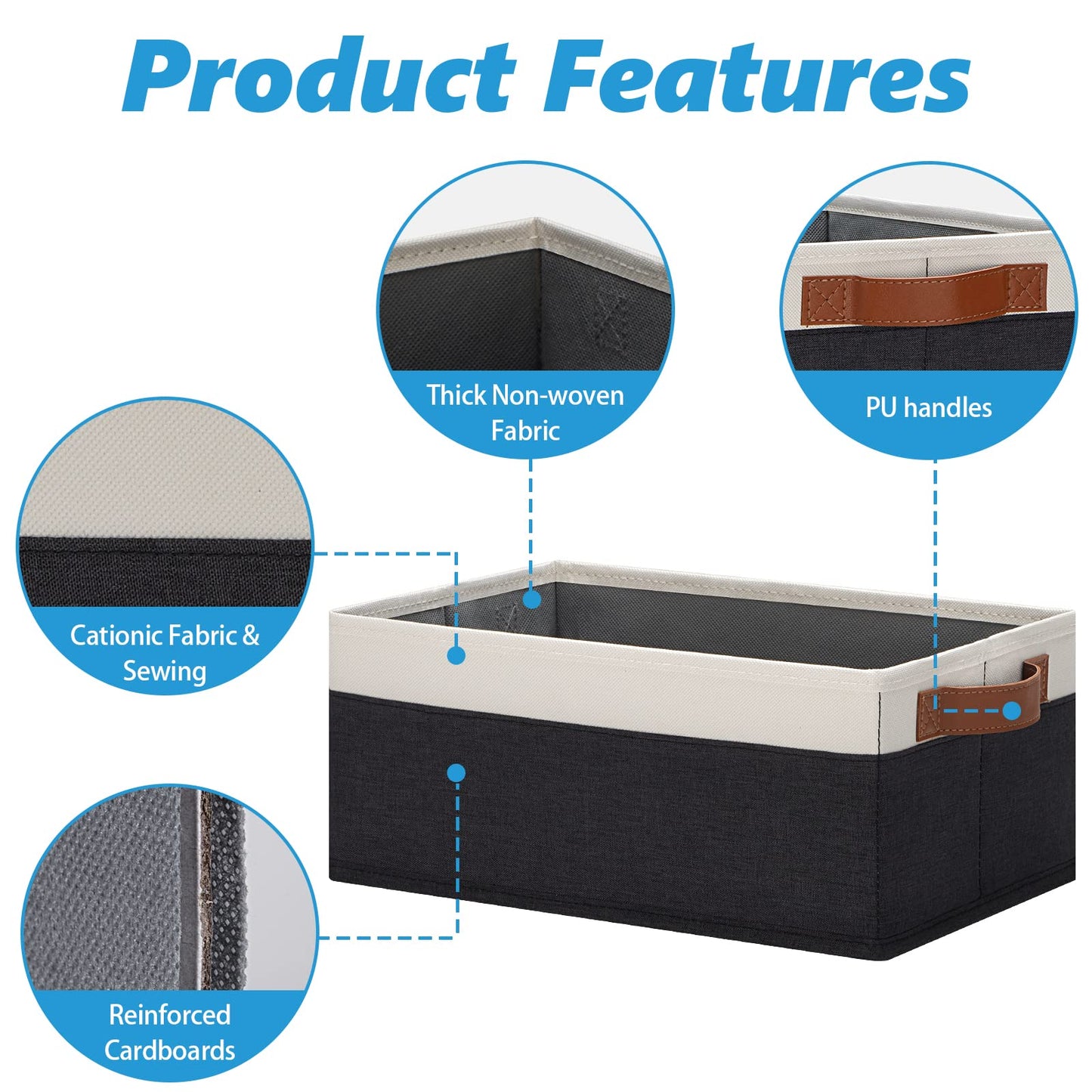 GhvyenntteS Storage Baskets for Organizing, Fabric Storage Bins with Leather H&les, Foldable Rectangular Storage Baskets for Shelves, Closets, Home, Office(Black/White, 6 Pack)11.8X7.9X5.1 in