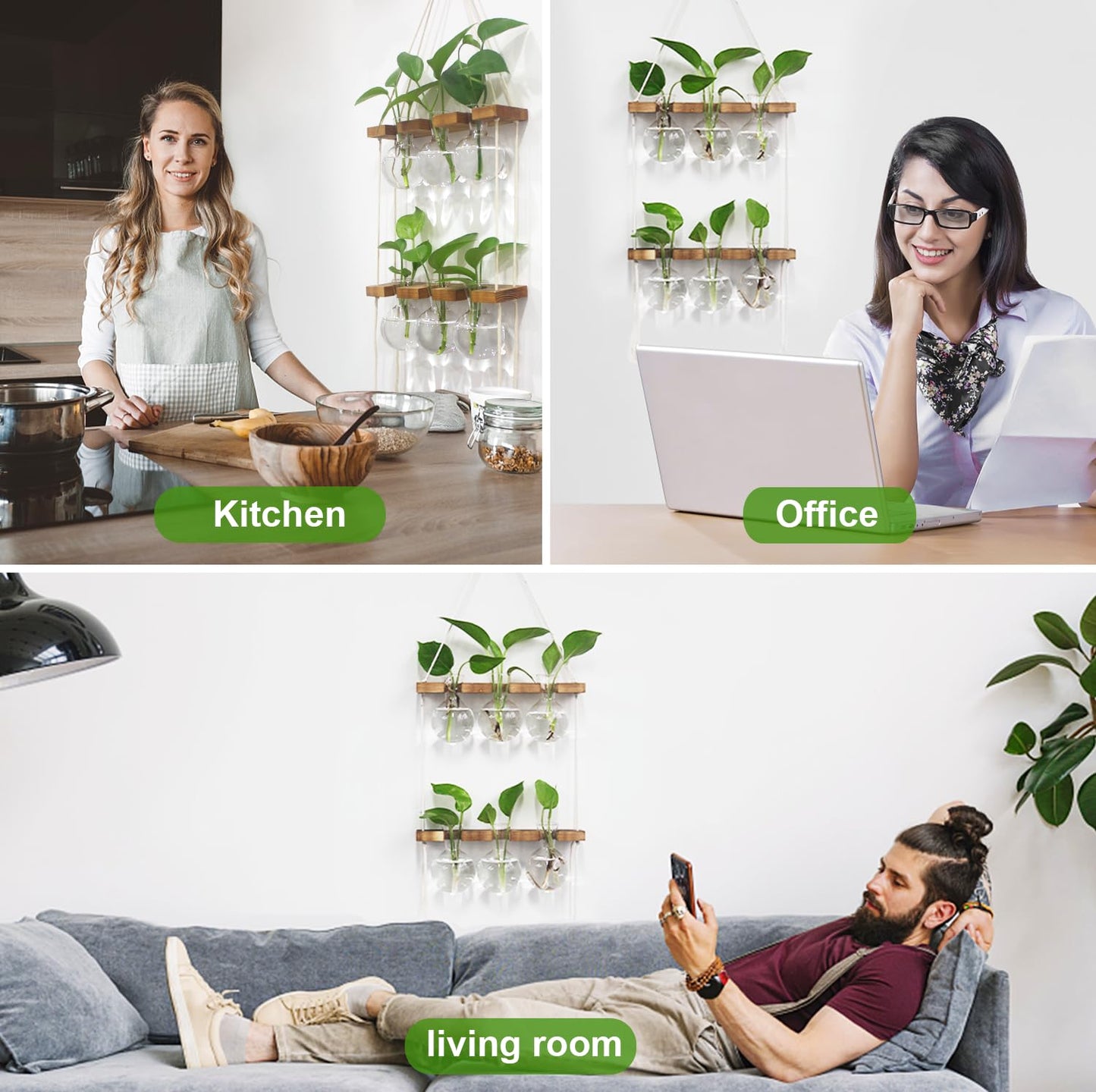 Renmxj Plant Propagation Station Wall Hanging, Plant Terrarium with 2 Tiered Wooden Stand for Hydroponics Plants, Unique Gardening Gifts for Women Mom Plants Lovers - 6 Bulb Glass Vases