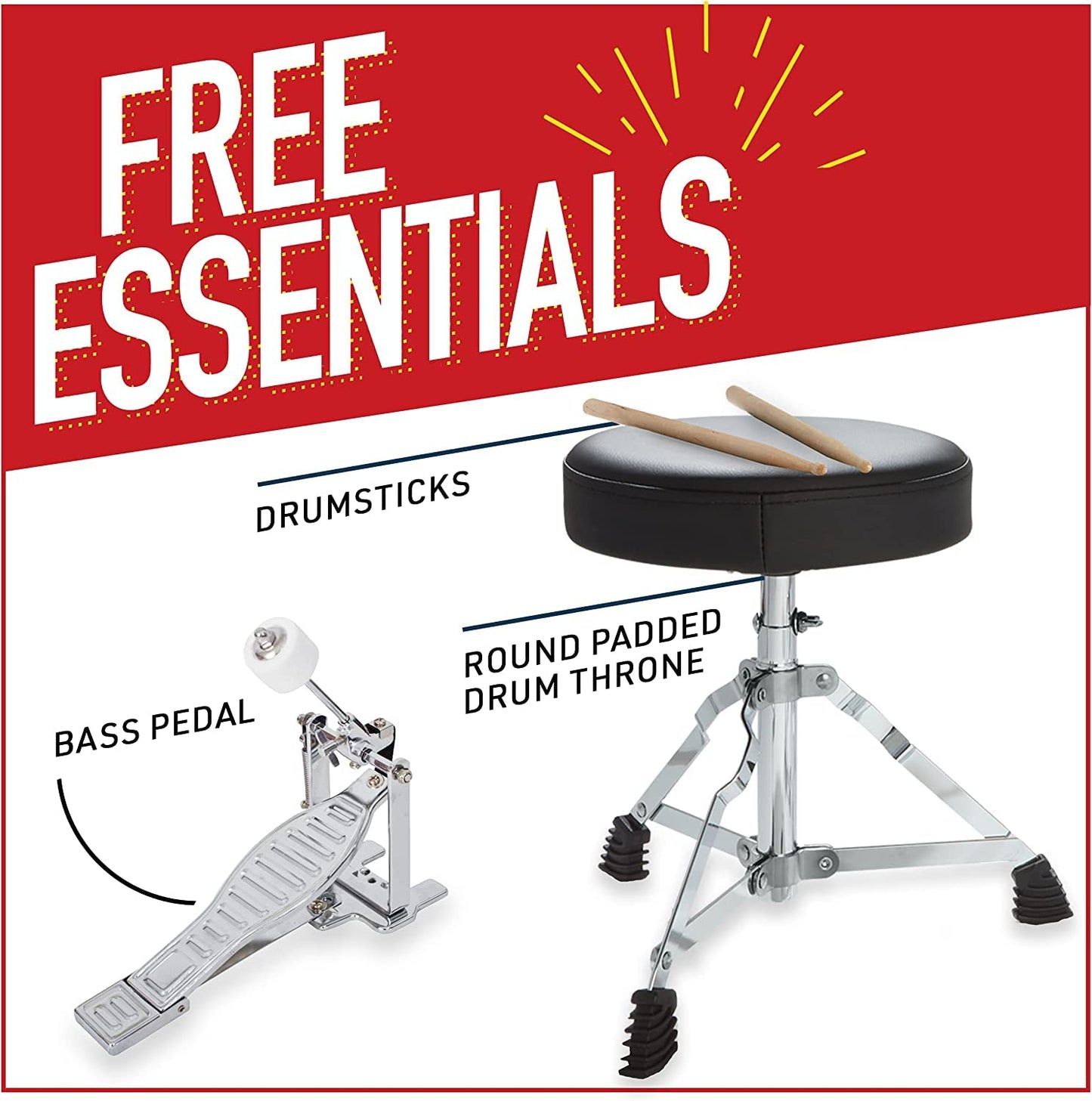 Mendini By Cecilio Kids Drum Set, 3 Piece Junior Drum Set for Beginners with Bass Tom Snare Drum, 13 inch Drum Kit with Snare, Cymbal, Drumsticks, Adjustable Seat (Metallic Red)