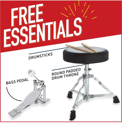 Mendini By Cecilio Kids Drum Set, 3 Piece Junior Drum Set for Beginners with Bass Tom Snare Drum, 13 inch Drum Kit with Snare, Cymbal, Drumsticks, Adjustable Seat (Metallic Red)