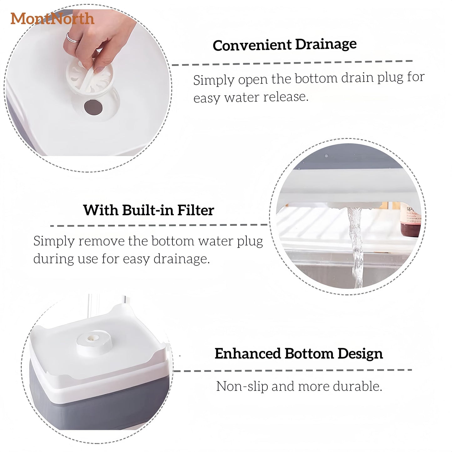 MontNorth Collapsible Wash Basin 9L, Foldable Dish Tub with Drain Plug, Portable Collapsible Dish Basin, Camping Sink for Washing Dishes, Laundry & Kitchen Use,Gray