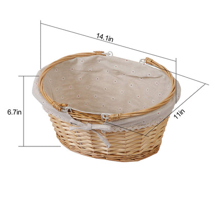 KINJOEK Wicker Woven Basket, 14 x 11 x 6.7 Inch Multipurpose Willow Basket with Handle Premium Linen Cotton Cloth Lining for Storage and Decoration, Natural
