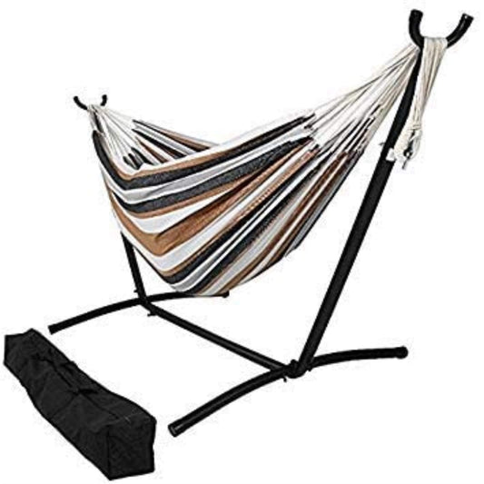 OceanTailer Brazilian Double Hammock Bed with Stand for 2 Person, Portable Steel Stand Hammock Bed for Indoor or Outdoor Use with Carrying Pouch in Desert Colors