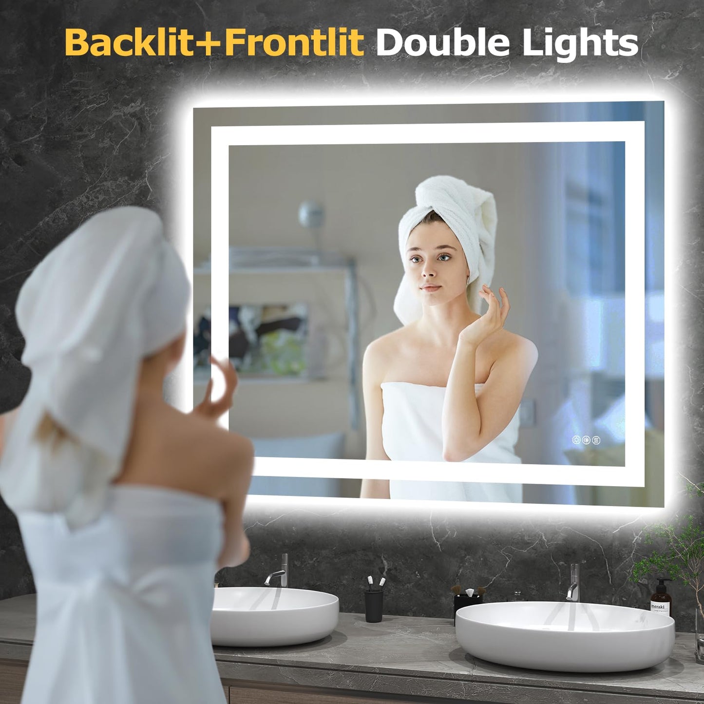 Hivone 40X32 LED Bathroom Mirror with Lights, Anti-Fog, Dimmable, Backlit + Front Lit, Smart Bathroom Vanity Mirror, Memory Function, Shatterproof, Tempered Glass (Horizontal/Vertical)