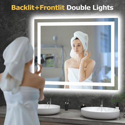 Hivone 40X32 LED Bathroom Mirror with Lights, Anti-Fog, Dimmable, Backlit + Front Lit, Smart Bathroom Vanity Mirror, Memory Function, Shatterproof, Tempered Glass (Horizontal/Vertical)