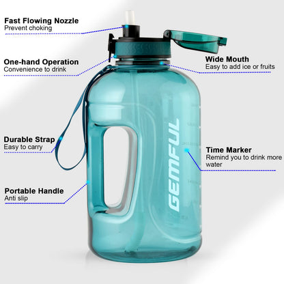 GEMFUL 3 Liter Water Bottle with Straw 101oz BPA-Free Leakproof Time Marker Handle for Gym Sports Large Motivational Jug for Men Women (Cyan with Removable Straw)
