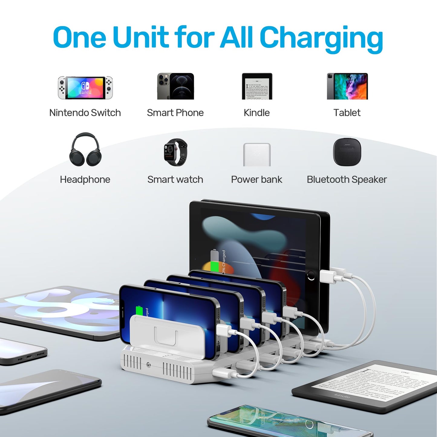 【5PCS】 Unitek Multi Charging Station, 10-Port USB Charger for Multiple Device with SmartIC Tech and Adjustable Dividers, Organizer Stand Compatible with iPad, Tablet, Kindle, iPhone - 5PCS, White