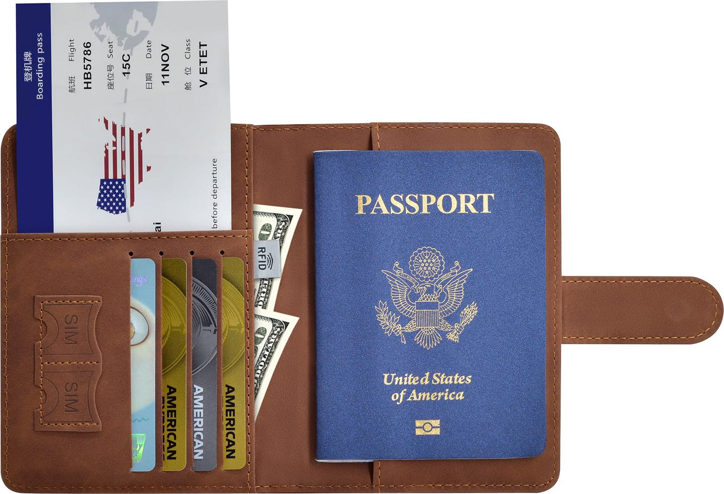 Passport Holder, Passport Cover with Credit Card Slot and Boarding Pass Slot Combo, Passport Wallet Case Book Travel Must Have, RFID Blocking Leather Travel Accessories, Brown