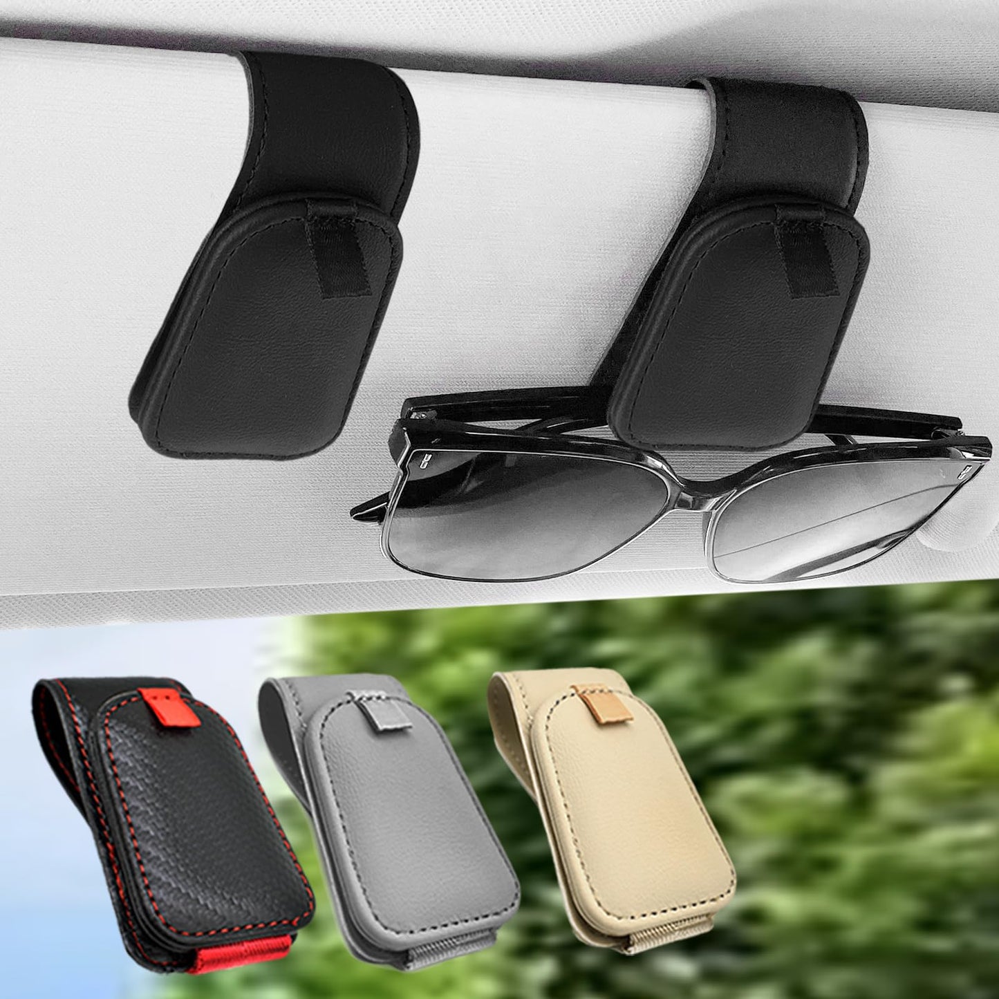 Teoenix Sunglass Holder for Car, 2 Pack Car Sunglass Holder Visor Clip Magnetic Leather Sun Glasses Eyeglass Hanger, Black, Fit for Different Size Eyeglasses