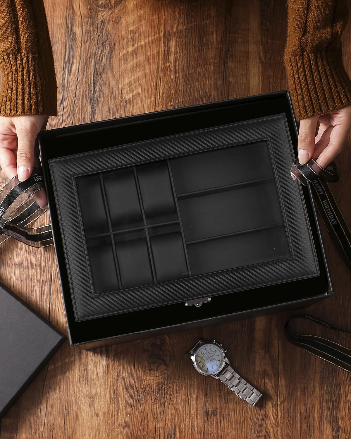 GUKA Watch box, 6 Slot Watch Case, 3 Slot Sunglass Organizer, Watch Cases for men with Real Glass Lid, Watch Organizer storage with Jewelry Case, Birthday for Men and Women, Black