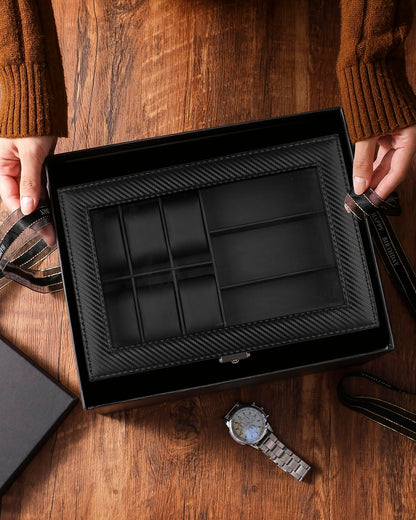 GUKA Watch box, 6 Slot Watch Case, 3 Slot Sunglass Organizer, Watch Cases for men with Real Glass Lid, Watch Organizer storage with Jewelry Case, Birthday for Men and Women, Black