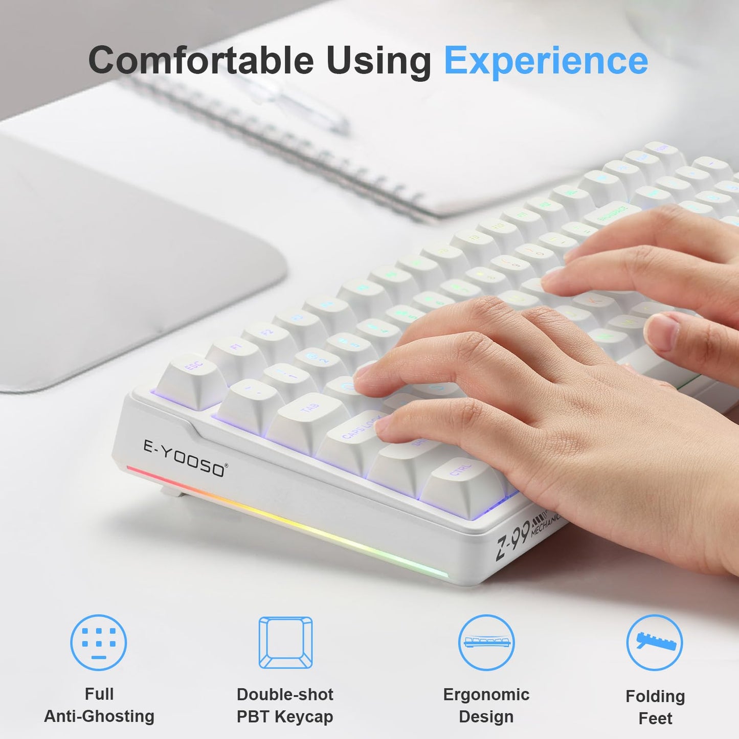HUO JI E-Yooso Creamy Mechanical Keyboard Wired, Hot Swappable, Pre-lubed Linear Switches, Gasket Structure with Sound Dampening Foam, RGB Backlit, 99 Keys Custom Gaming Keyboard for PC/Mac,White