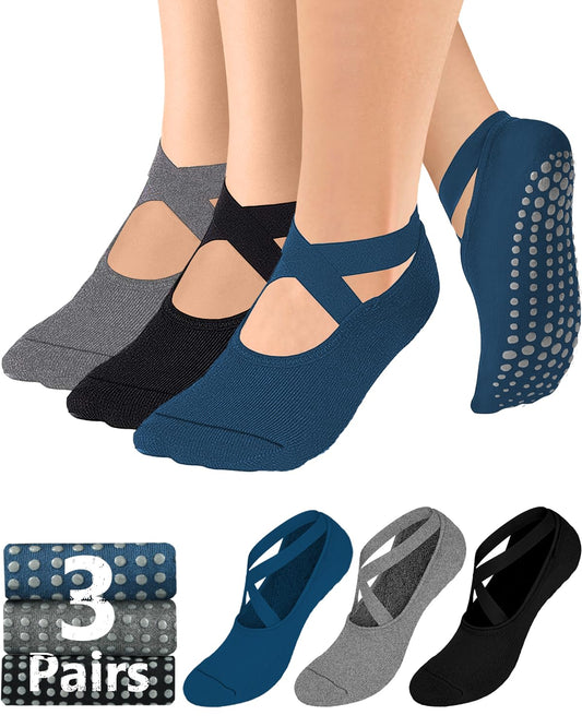 Pilates Grip Socks for Women Men Girls Non Slip Skid Yoga Black Cute Socks Pure Barre Socks with Grips and Straps Anti Slip Grippy Ideal for Ballet Dance Barefoot Workout Home Hospital Gripper Socks