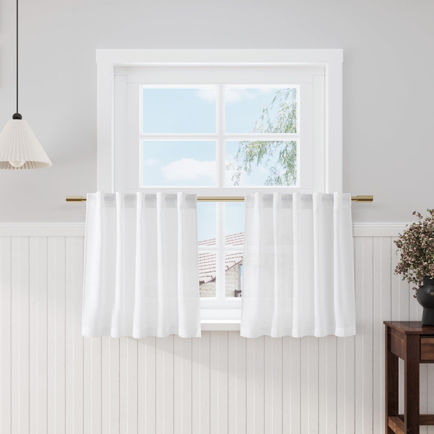 Nanspring White Small Linen Textured Curtains 24 Inch Length Light Filtering Semi Sheer Short Curtains Back Tab Rod Pocket Boho Kitchen Tier Window Curtain for Bathroom Basement Camper 26x24 Inches