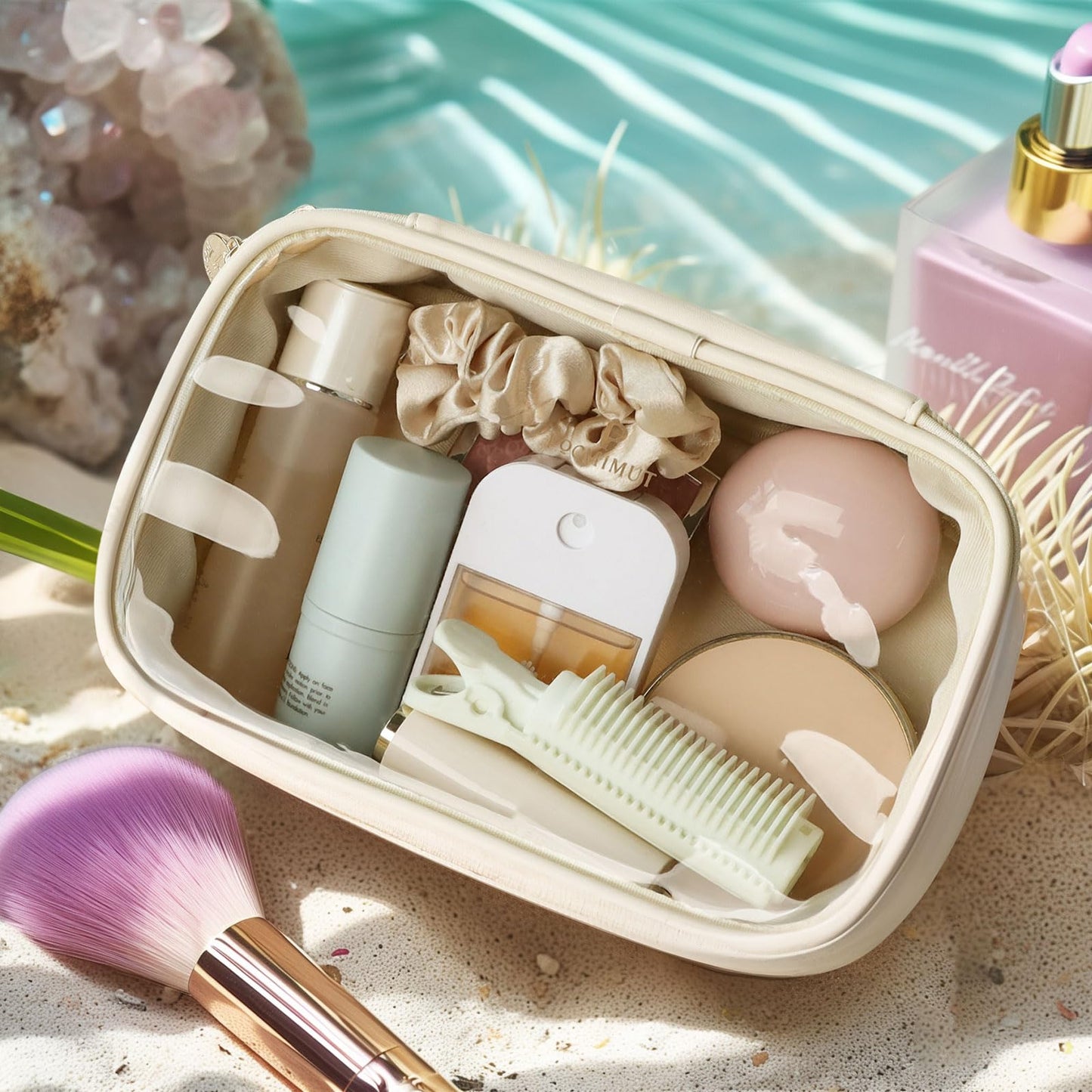 Pocmimut Makeup Bag,Small Makeup Bag TSA Approved Clear Toiletry Bag,Makeup Case Pouches Car Accessories Storage for Women,Travel Essentials Organizers,Beige