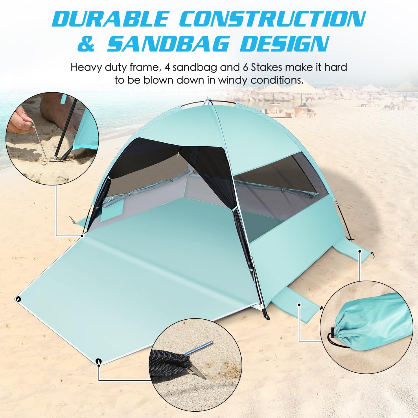 Large Easy Setup Beach Tent,Anti-UV Beach Shade Beach Canopy Tent Sun Shade with Extended Floor & 3 Mesh Roll Up Windows Fits 3-4 Person,Portable Shade Tent for Outdoor Camping Fishing (Mint Green)
