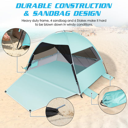 Large Easy Setup Beach Tent,Anti-UV Beach Shade Beach Canopy Tent Sun Shade with Extended Floor & 3 Mesh Roll Up Windows Fits 3-4 Person,Portable Shade Tent for Outdoor Camping Fishing (Mint Green)