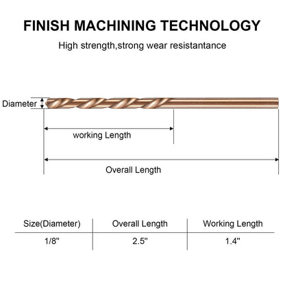 Mudder 15 Pieces 1/8" Drill Bit M35 High Speed Steel Twist Cobalt Drill Bit Set for Hardened Metal Stainless Steel Cast Iron Woodwork Plastic (1/8 Inch)