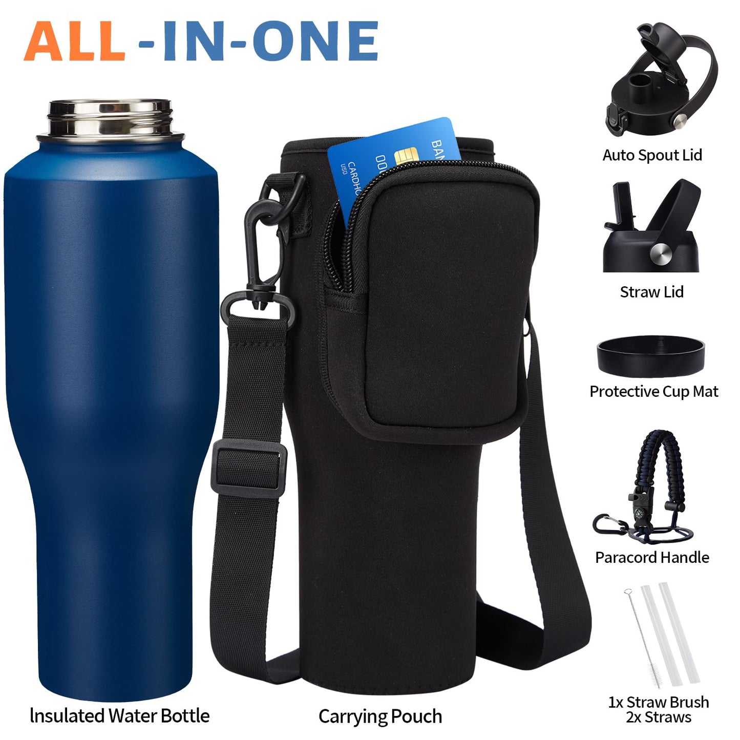 40oz Water Bottle with Straw - Vacuum Stainless Steel Insulated Cups w/Survival Paracord Handle & Carrier Bag, Skinny Water Bottle Insulated Water Bottle Fits in Cup Holder for Travel Drive