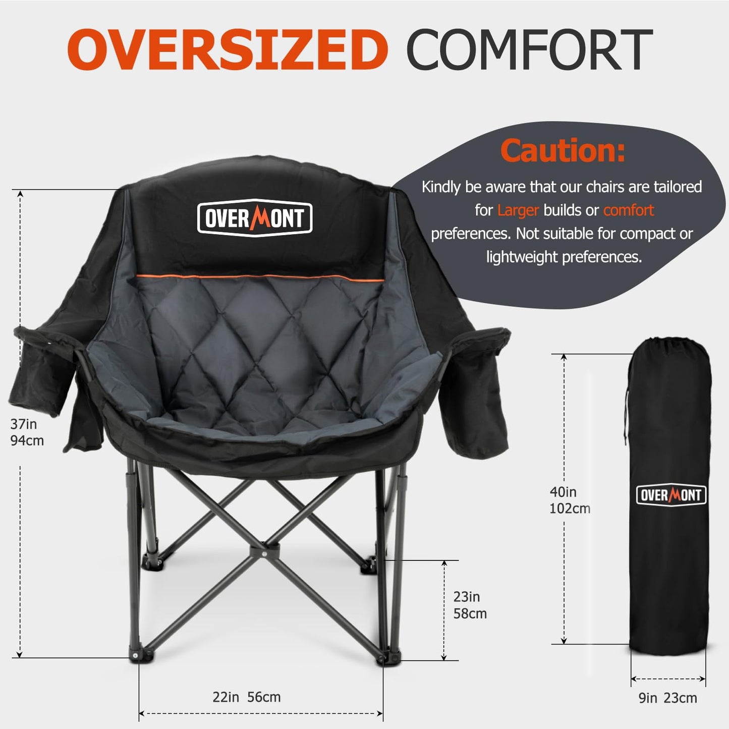 Overmont Oversized XL Camping Chair for Adults - 450lbs Support Heavy-Duty Padded Folding Chair with Side Pocket Cup Holder Cooling Bag for Outdoor Sports Garden Beach Fishing Lawn Black