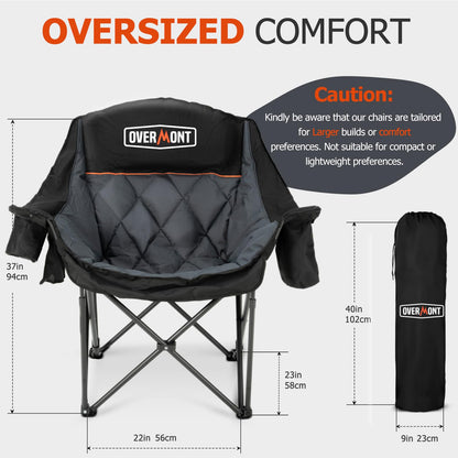 Overmont Oversized XL Camping Chair for Adults - 450lbs Support Heavy-Duty Padded Folding Chair with Side Pocket Cup Holder Cooling Bag for Outdoor Sports Garden Beach Fishing Lawn Black