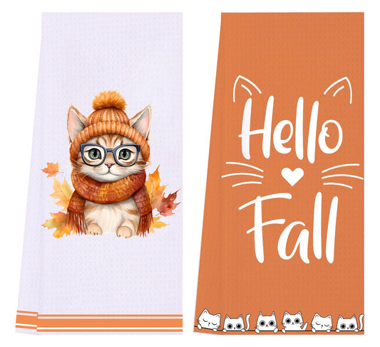 LXOMILL Cat Fall Kitchen Towels - Orange Autumn Dish & Hand Towels for Fall Decor