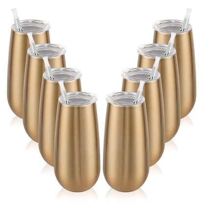 8 Pack Insulated Champagne Tumblers, Stemless Champagne Tumbler 6 Oz, Champagne Flutes Wine Tumbler, Unbreakable Cocktail Cups with Lid, Gift for Family Friends Christmas Birthday Wedding (Gold)
