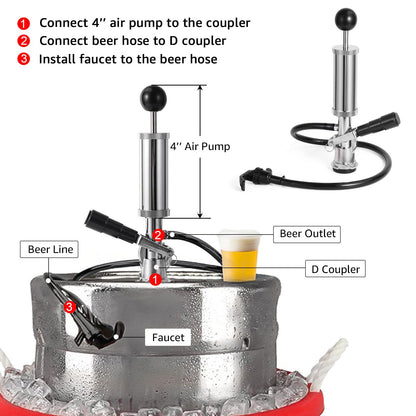 MRbrew Keg Party Pump, American D System Beer Keg Tap Keg Hand Pump 4'' Picnic Pump with Beer Faucet & Beer Hose, Chrome-Plated Keg Draft Beer Party Pump with 2 Hose Clamps Kegerator Pump for Homebrew