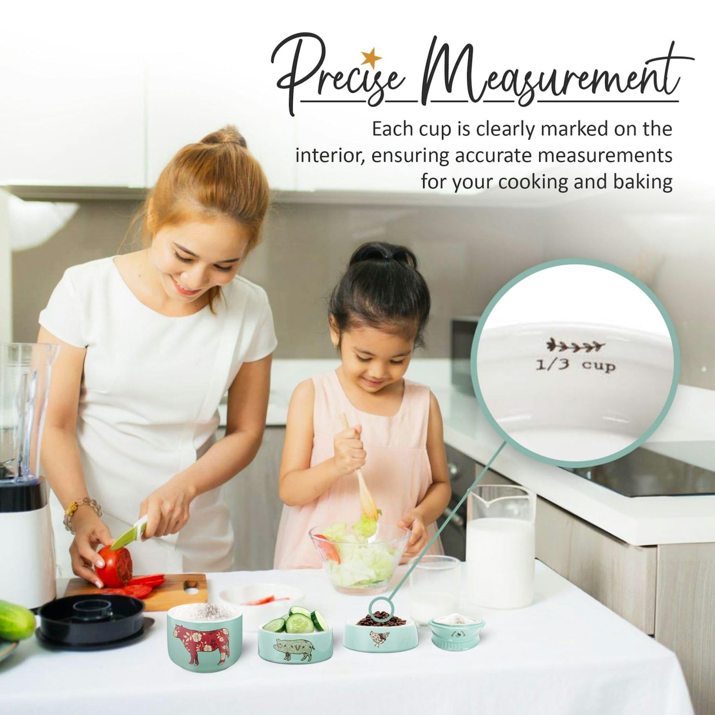 Pavilion Gift Company - 'Live Simply Bee, Chicken, Pig, and Cow' - 4-Piece Stoneware Measuring Cups Set, Sturdy Farmhouse-Style Kitchenware for Home Baking, Cooking, Gifting - Teal, 8 Ounces