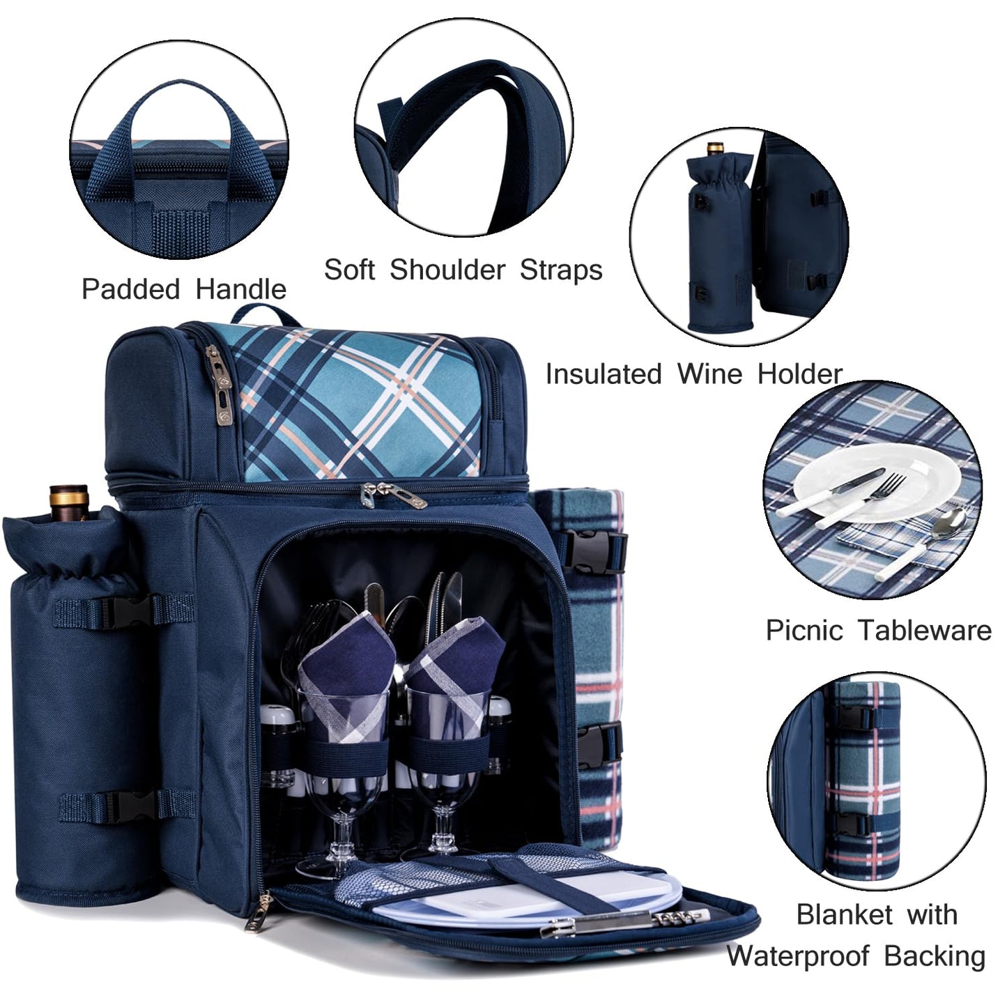 ALLCAMP Picnic Basket Backpack Cooler for 2 Person with 2 Insulated Cooler Compartment,Detachable Bottle/Wine Holder, Fleece Blanket, Plates and Cutlery for Family,Couple and Friend Gatherings (Blue)