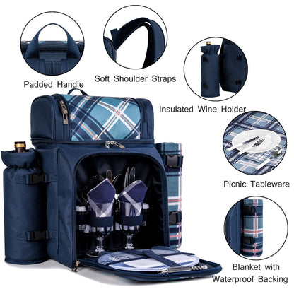 ALLCAMP Picnic Basket Backpack Cooler for 2 Person with 2 Insulated Cooler Compartment,Detachable Bottle/Wine Holder, Fleece Blanket, Plates and Cutlery for Family,Couple and Friend Gatherings (Blue)