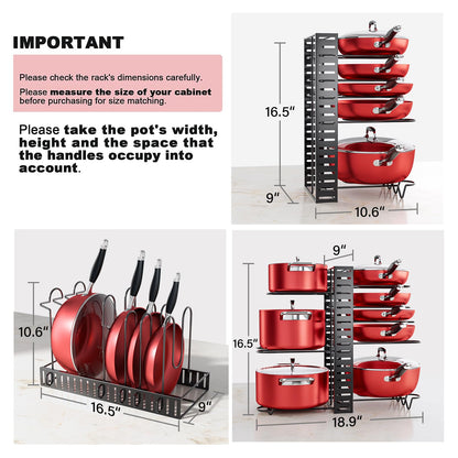 MUDEELA Pots and Pans Organizer Rack under Cabinet, 8-Tier Kitchen Organizers and Storage Pot Racks, Adjustable Pot Organizers inside Cabinet with 3 DIY Methods