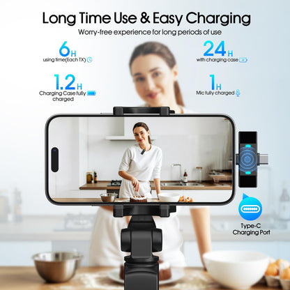 2 Pack Wireless Lavalier Microphone for iPhone iPad Android, Active Noise Reduction Mini Microphone with Charging Case 7H Clip On Microphones for Interview, Recording, Vlogging, Live Streaming, 80ft