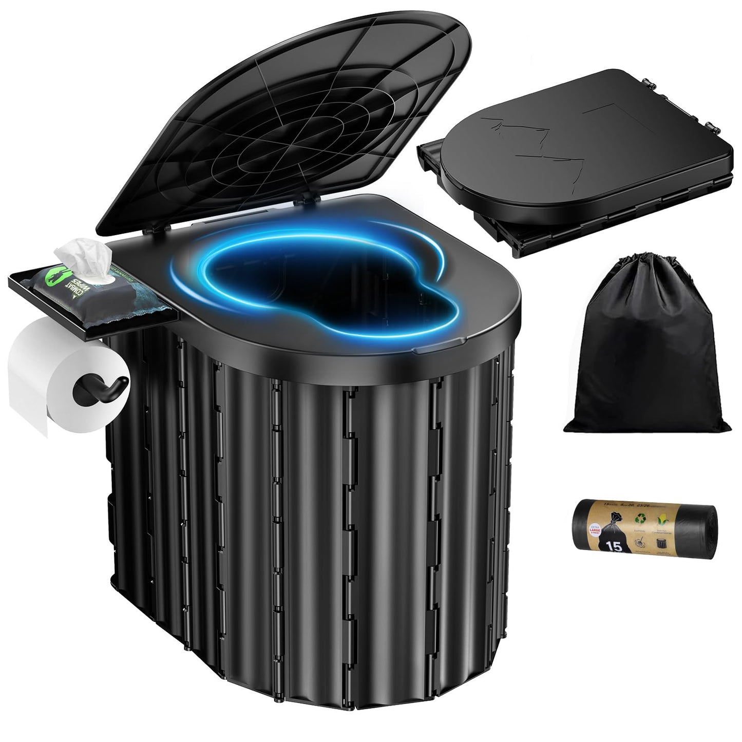 Portable Toilet, Upgraded 15'' toilet With Removable Paper Holder, Camping Toilet With A Load Capacity Of 450 Lbs, Portable Potty for Camping, Hiking, Road Trip, Car, RV, Tent, Beach, Truck Drivers